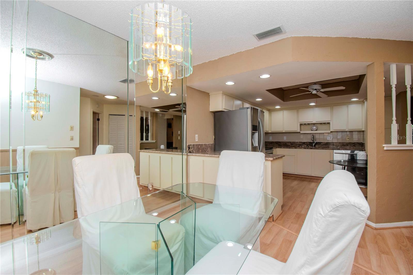 View of the kitchen from the dining area.