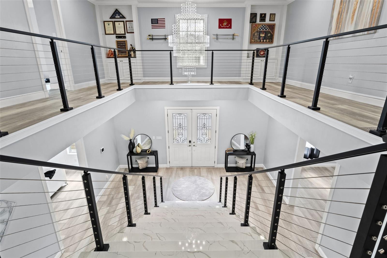 Majestic Two-Story Foyer Grand Entryway & Majestic 2 Story Foyer with custom quartz staircase with modern cable railing