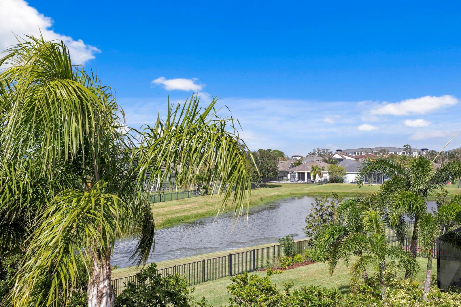 Tranquil water views of the backyard pond from the balcony