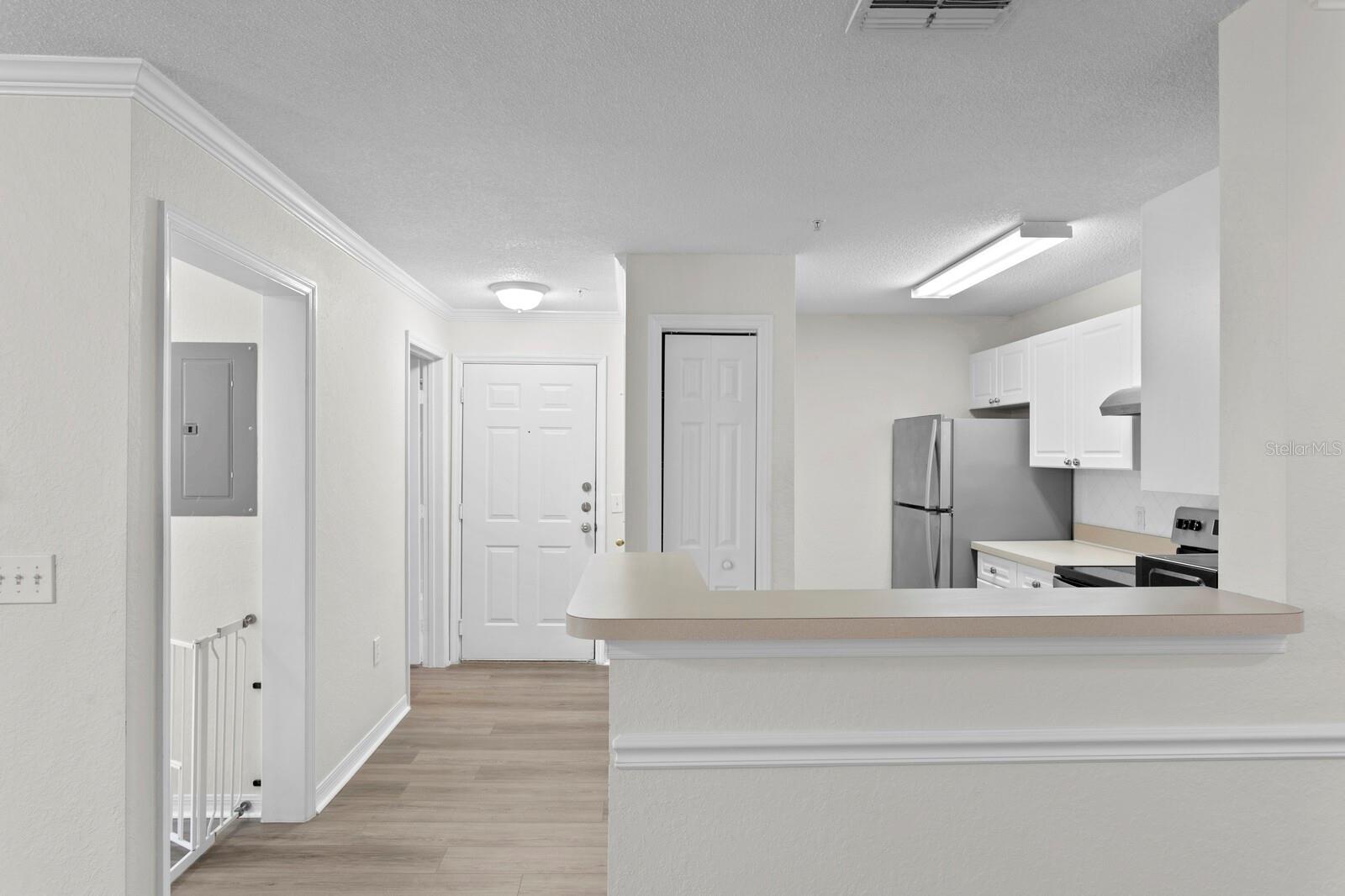 Views of the foyer and kitchen from the dining room