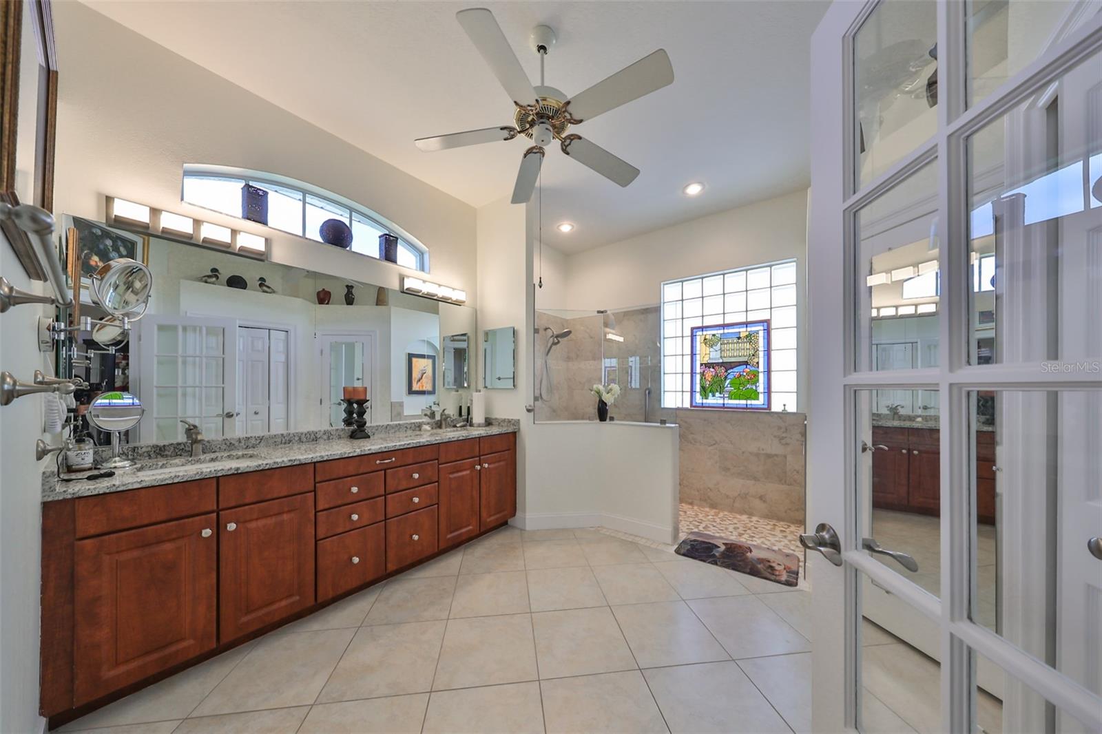 Primary Bath Updated Shower Dual Sinks Tall Granite Vanity