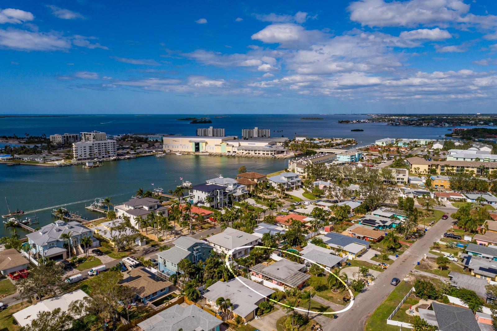 Arial view towards marina