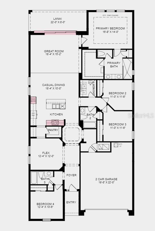 Floor Plan - Structural options include: tray ceilings, gourmet kitchen, shower in lieu of tub in bath 3, pocket sliding glass door, 8' interior doors, and custom paint.