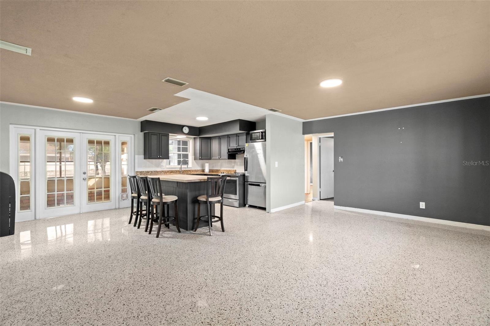 Kitchen with spacious lving room.