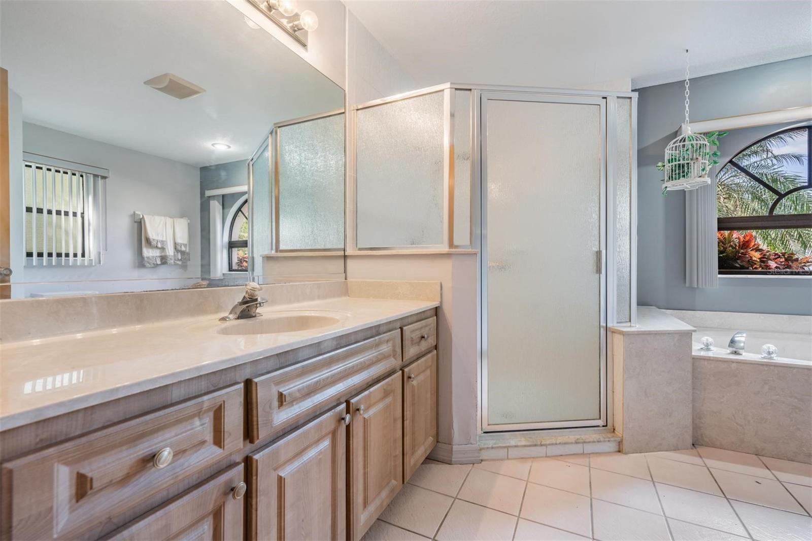 Large walk-in shower, vanity offers additional storage options