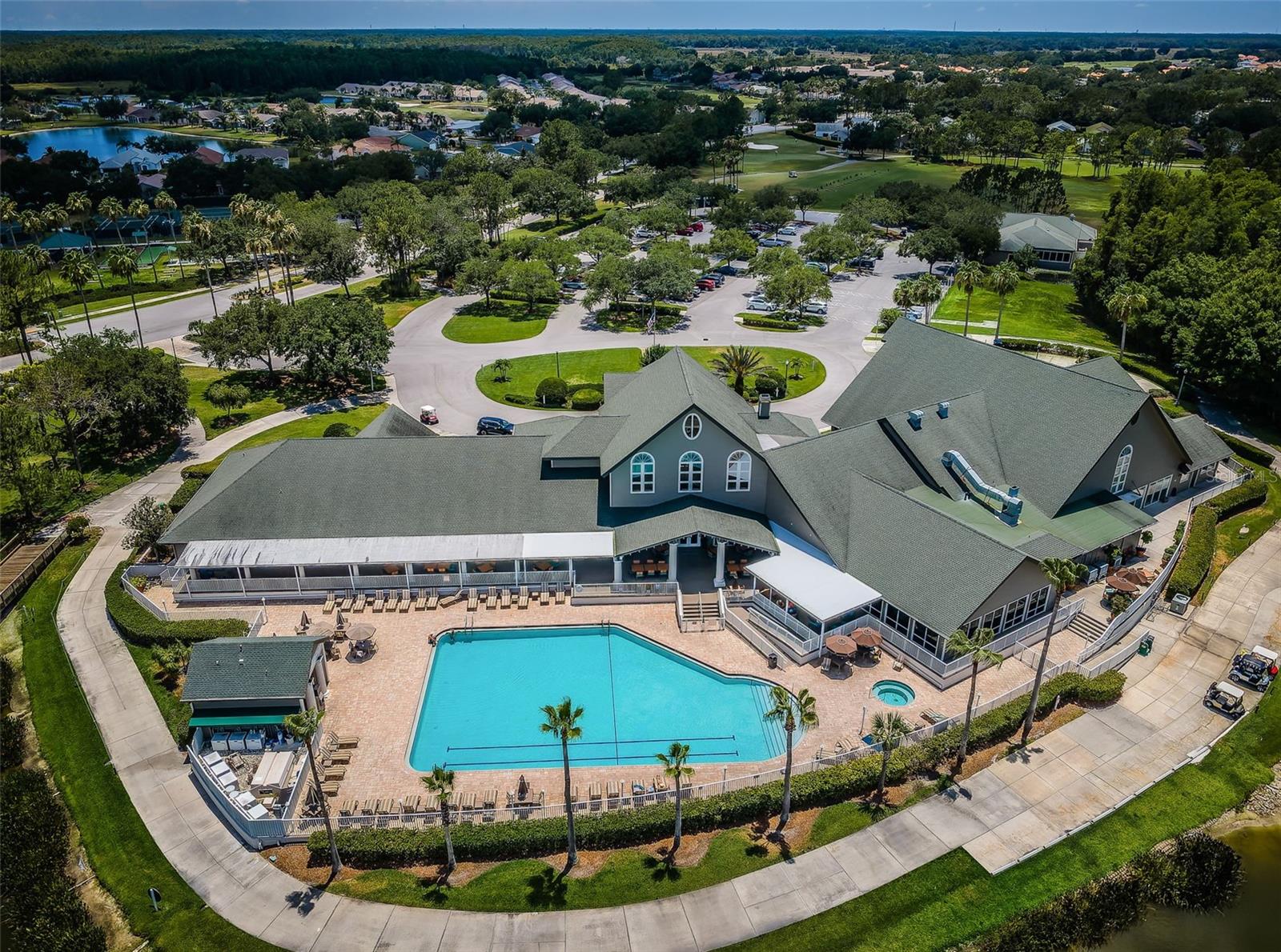 Ariel view of clubhouse and pool surrounding area