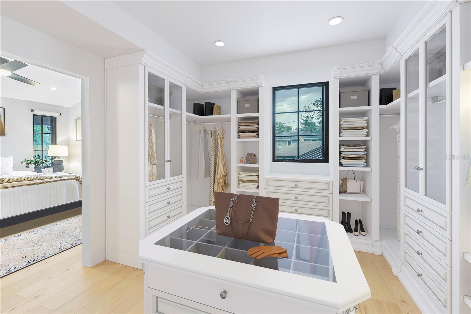 Virtual rendering of primary bedroom closet space. In person this space is not finished.