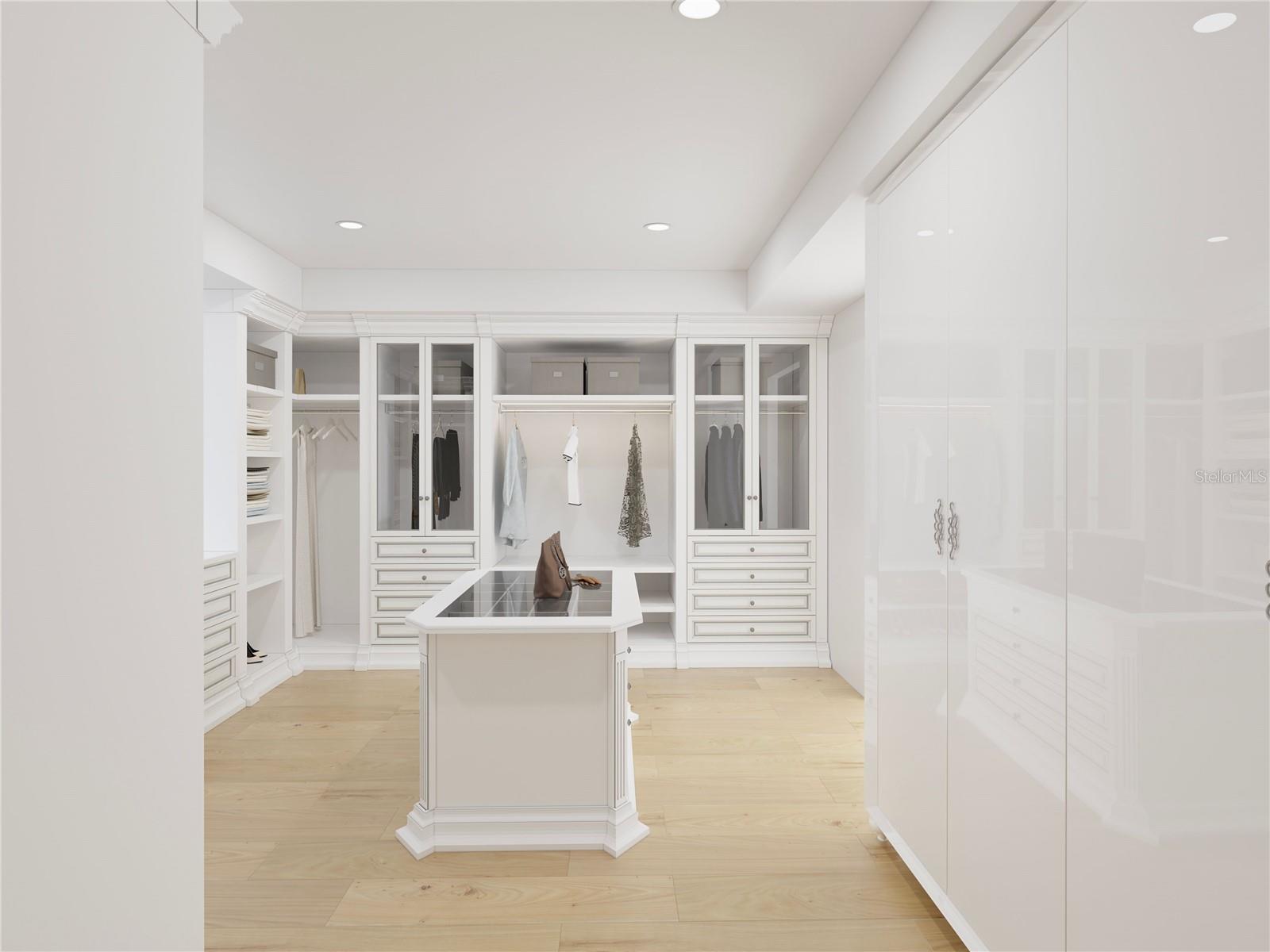 Virtual rendering of primary bedroom closet space. In person this space is not finished.