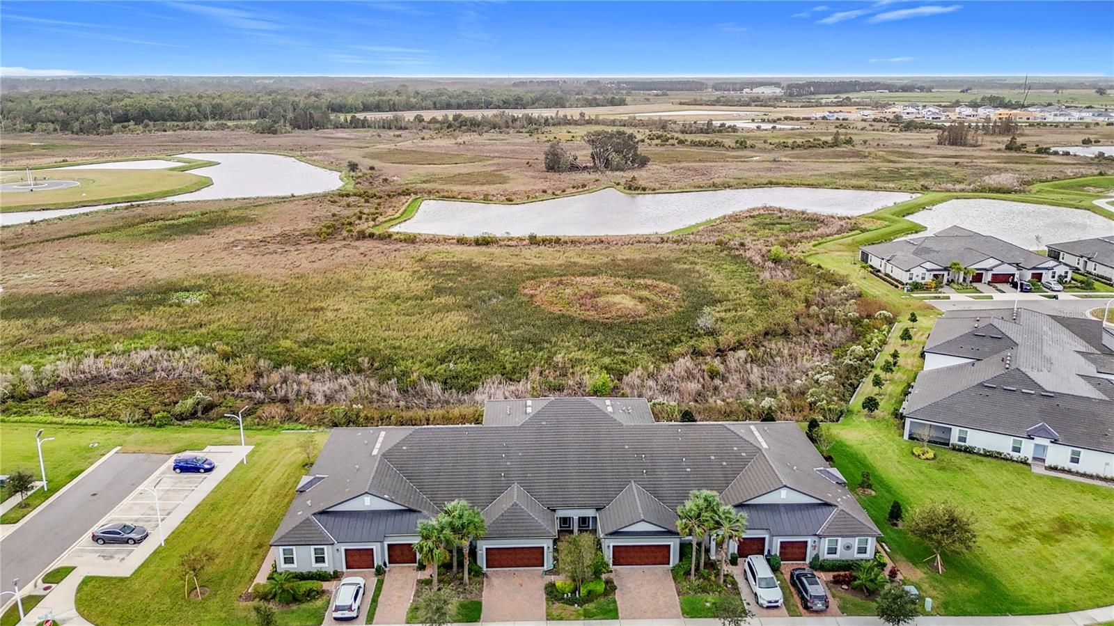 Aerial of the front of the house and conservation area