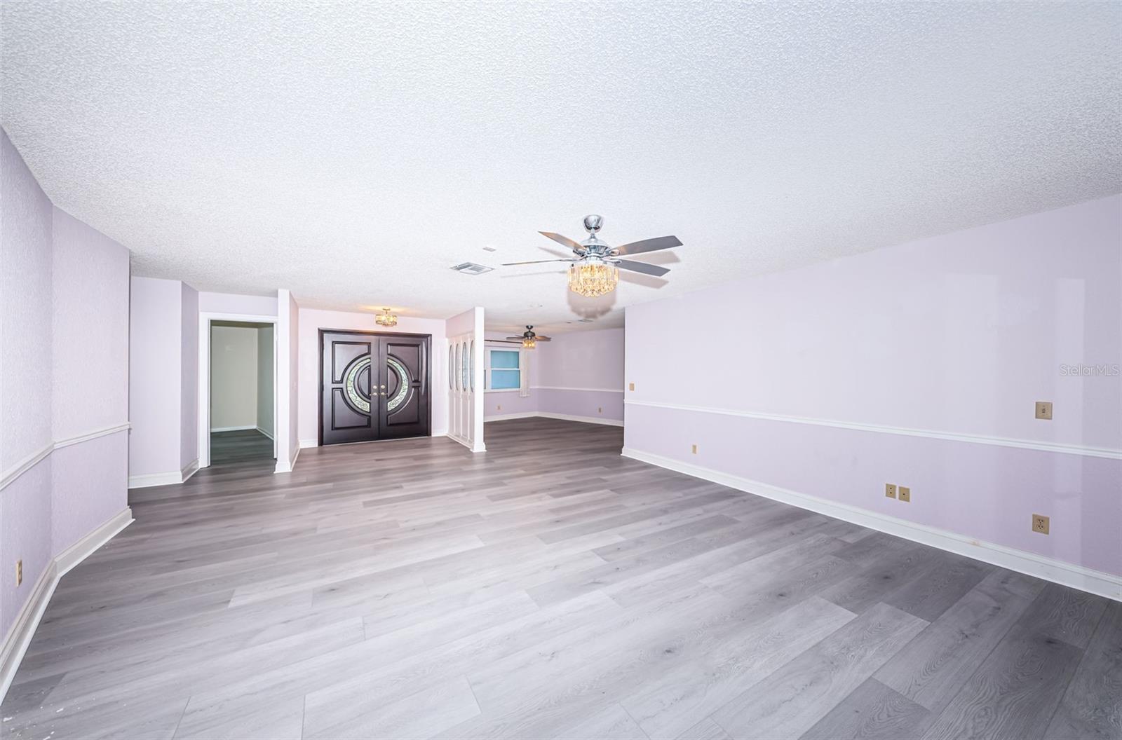 Foyer, living room and dining room