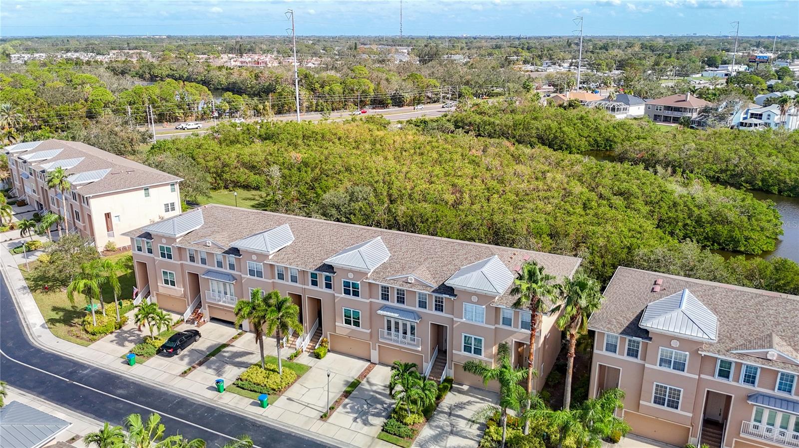 This is another aerial view showing the street and the lovely views that the townhomes back up to.