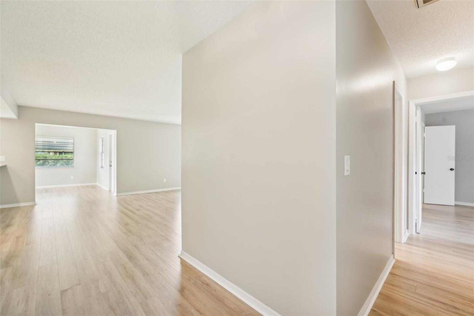 ENTRY LEADING TO LIVING ROOM AND HALL TO BEDROOMS-FRESHLY PAINTED AND NEW FLOORS THROUGHOUT