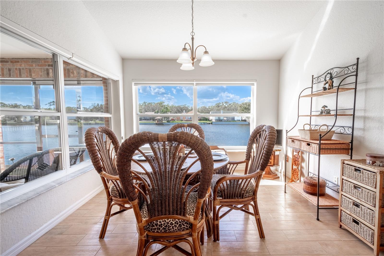 The dinette is highlighted by water views.