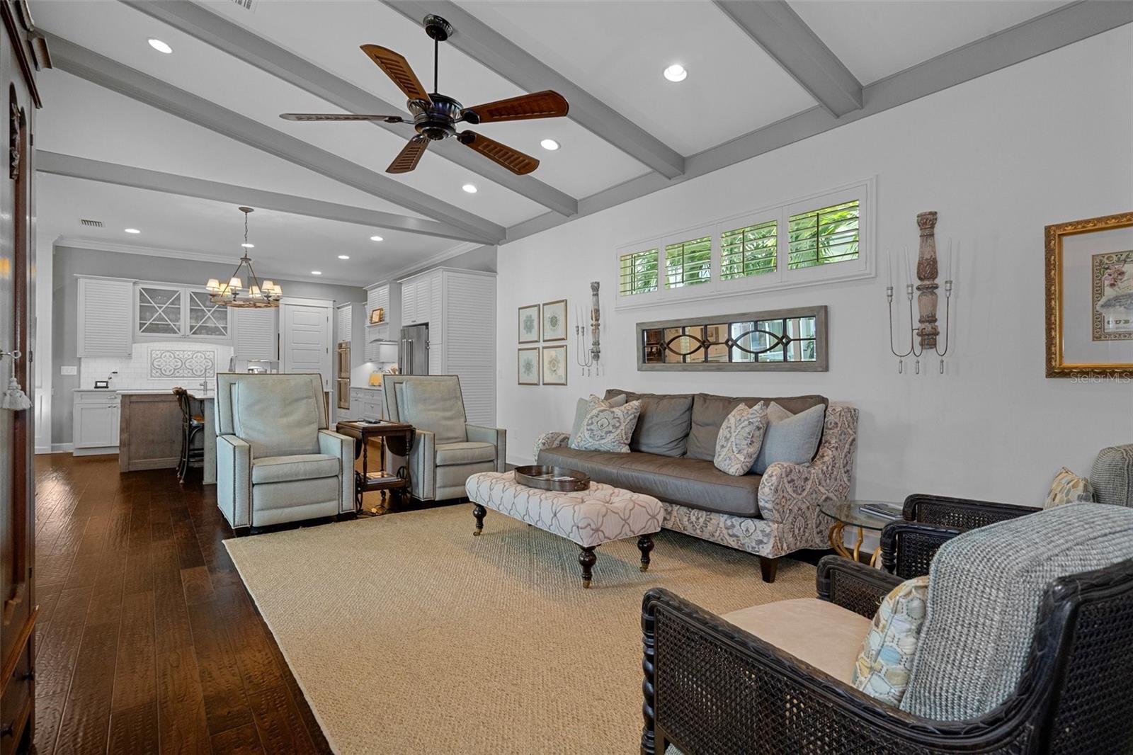 Large Great Room with Vaulted Beamed Ceilings