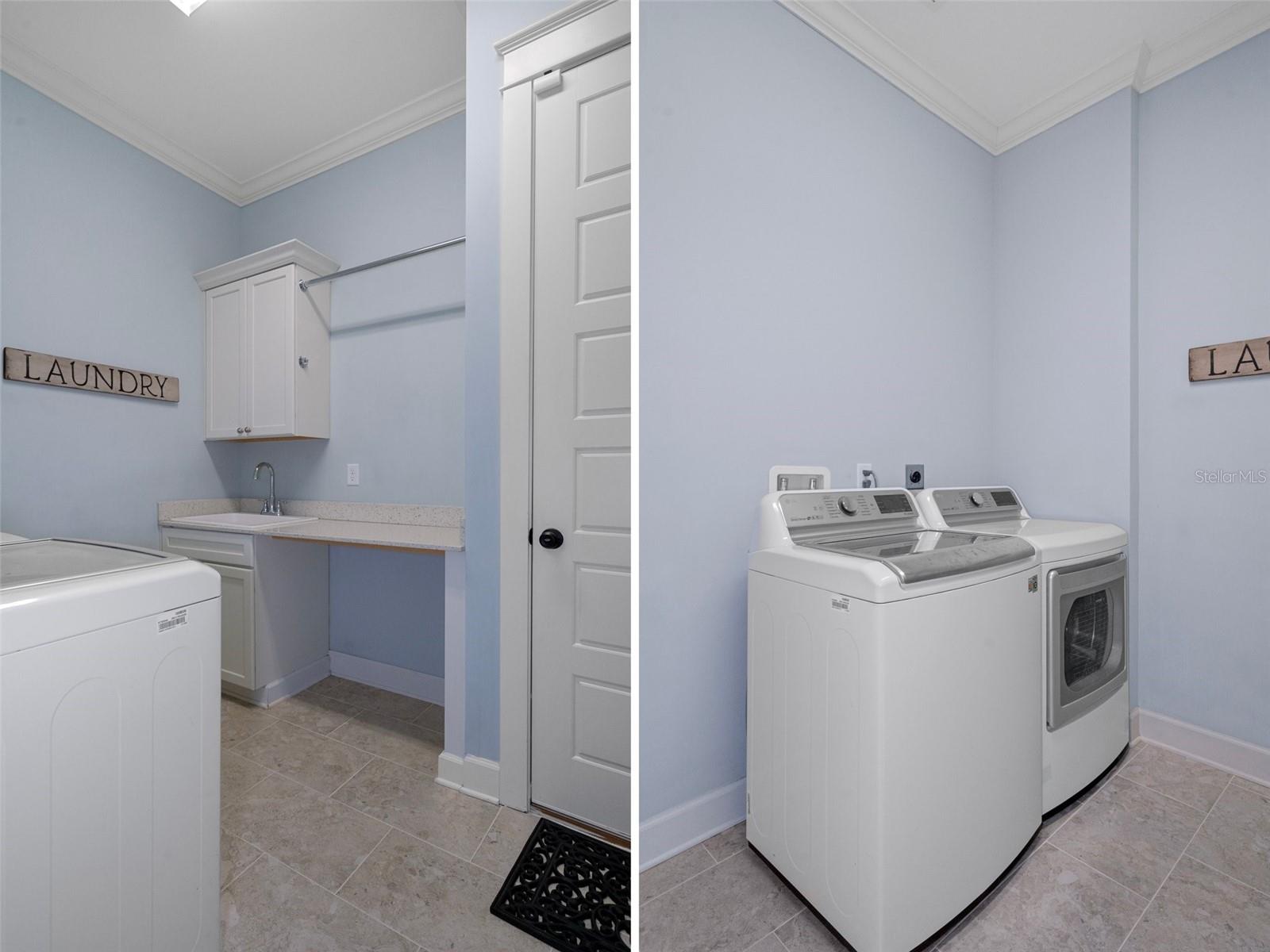 Laundry Room with Sink, Folding Table and Drying Rack