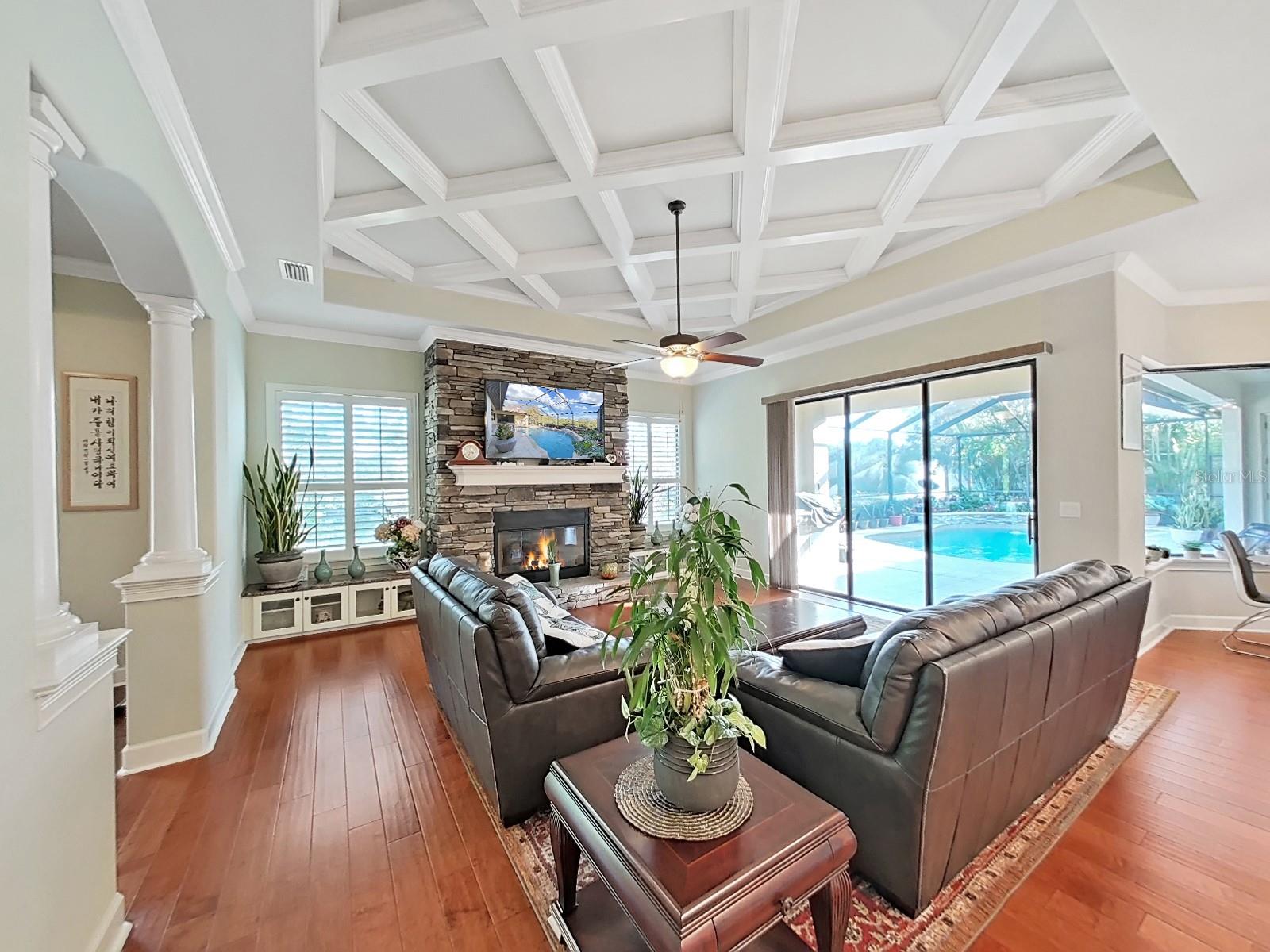 Family Room with Coffered Ceiling, Gas Fireplace with Stone Finish, Cabinets under Windows with Granite Top.