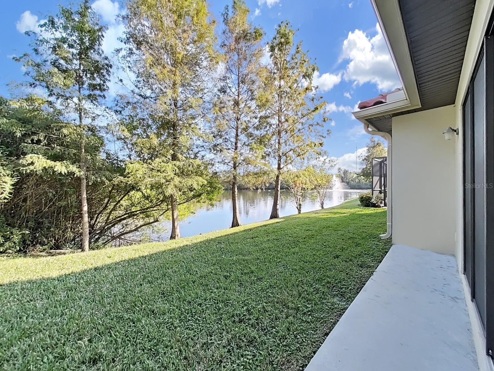 Back Yard showing paved walk way from the sliding door of the Bonus Room