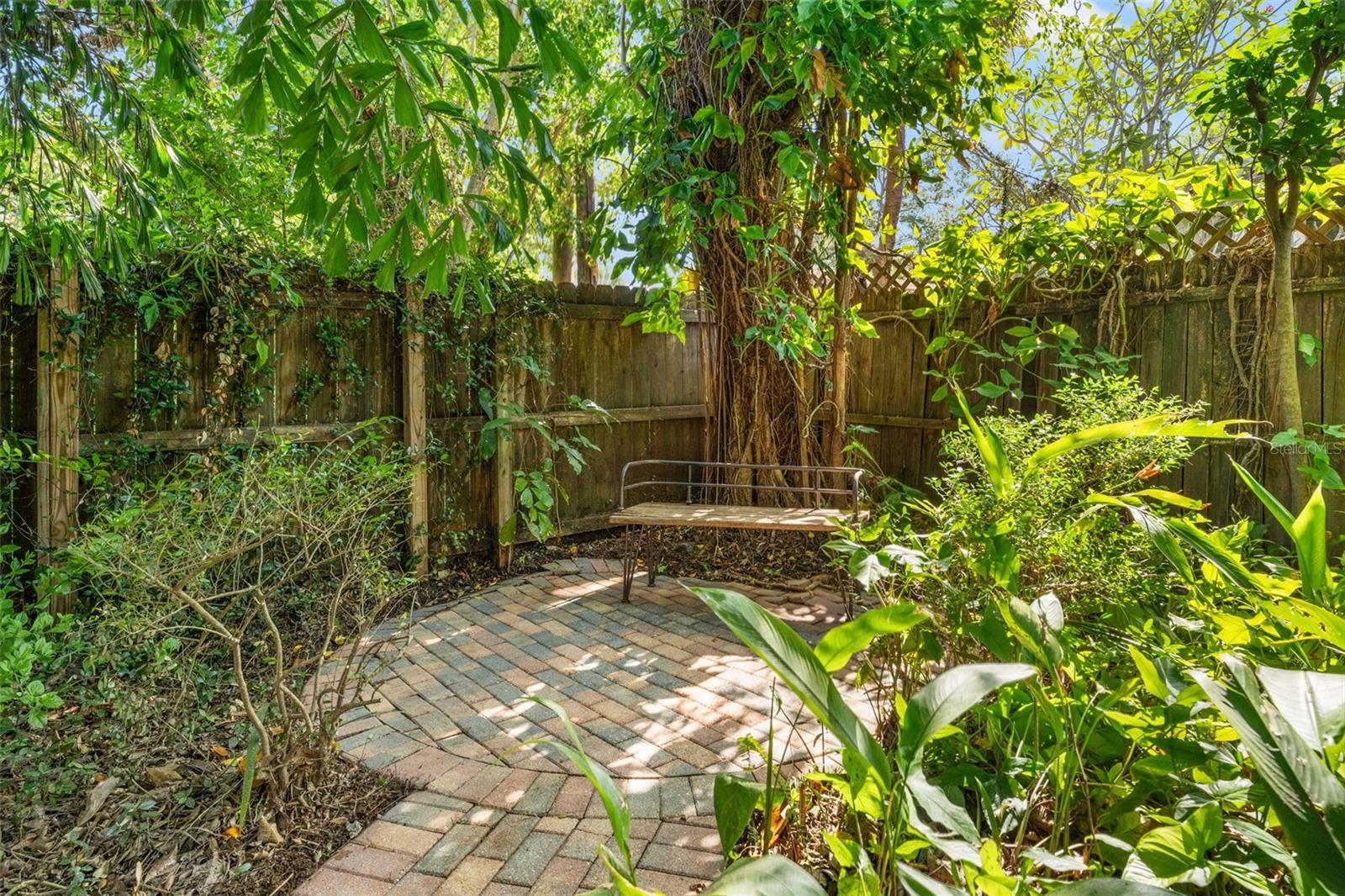 Winding brick path through lush native landscaping