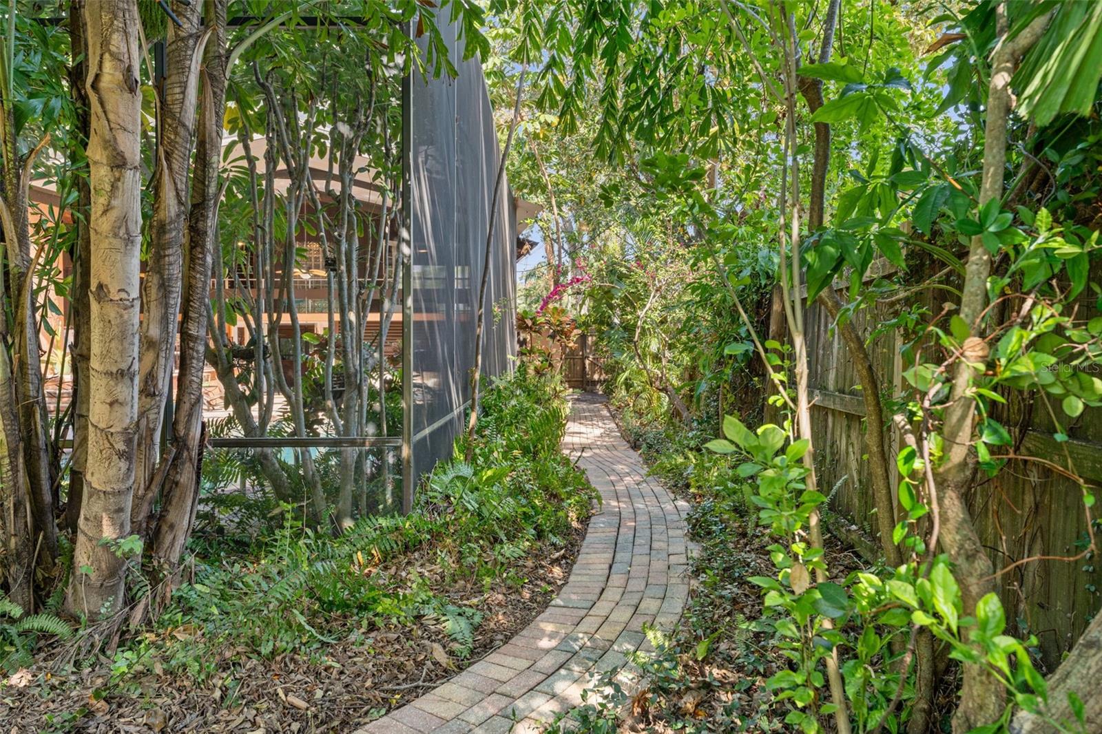 Winding brick path through lush native landscaping