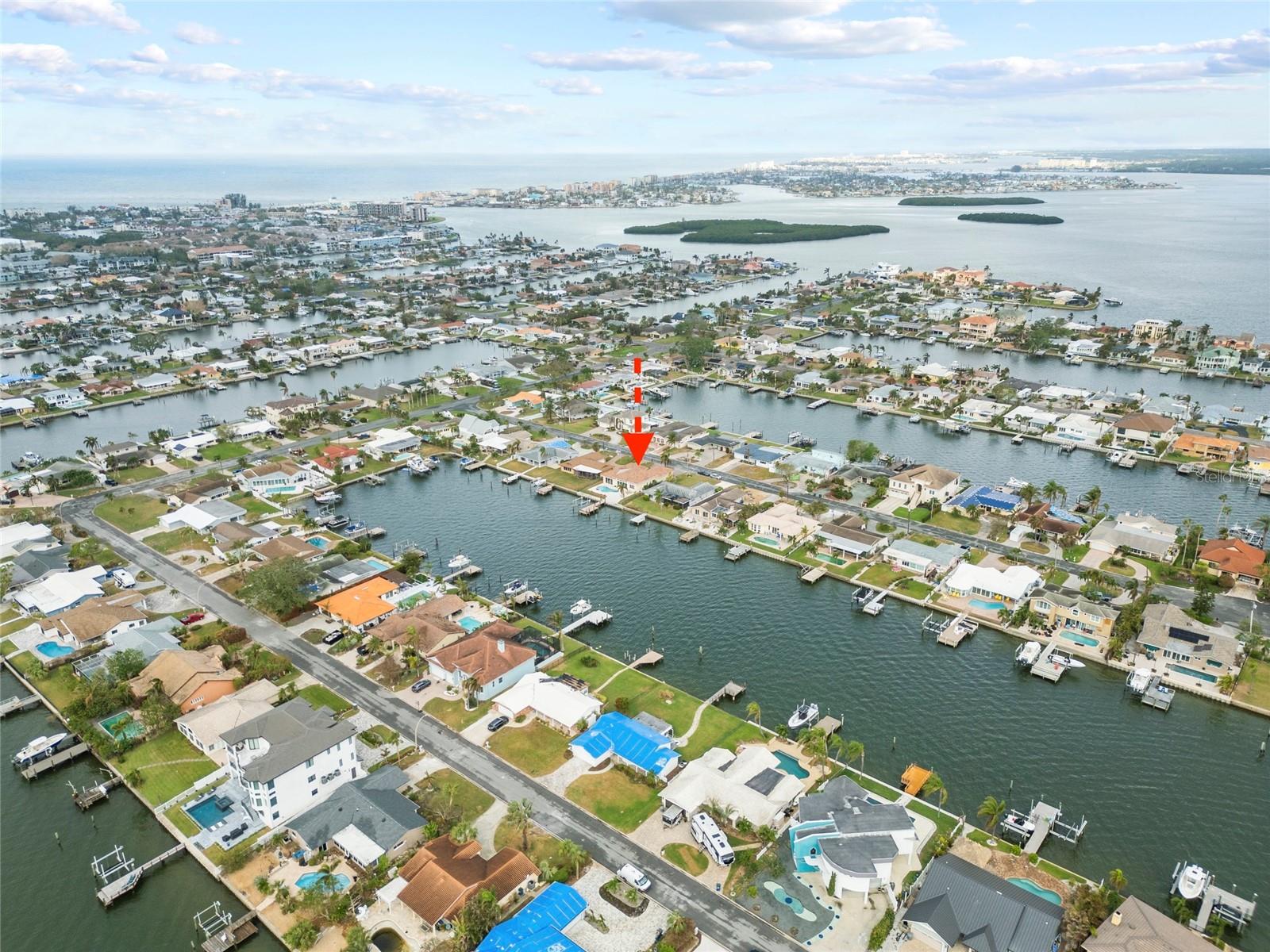 Aerial View looking north & west.  John's Pass is just west of Eleanor Island (the large grassy island on the upper left of the photo)