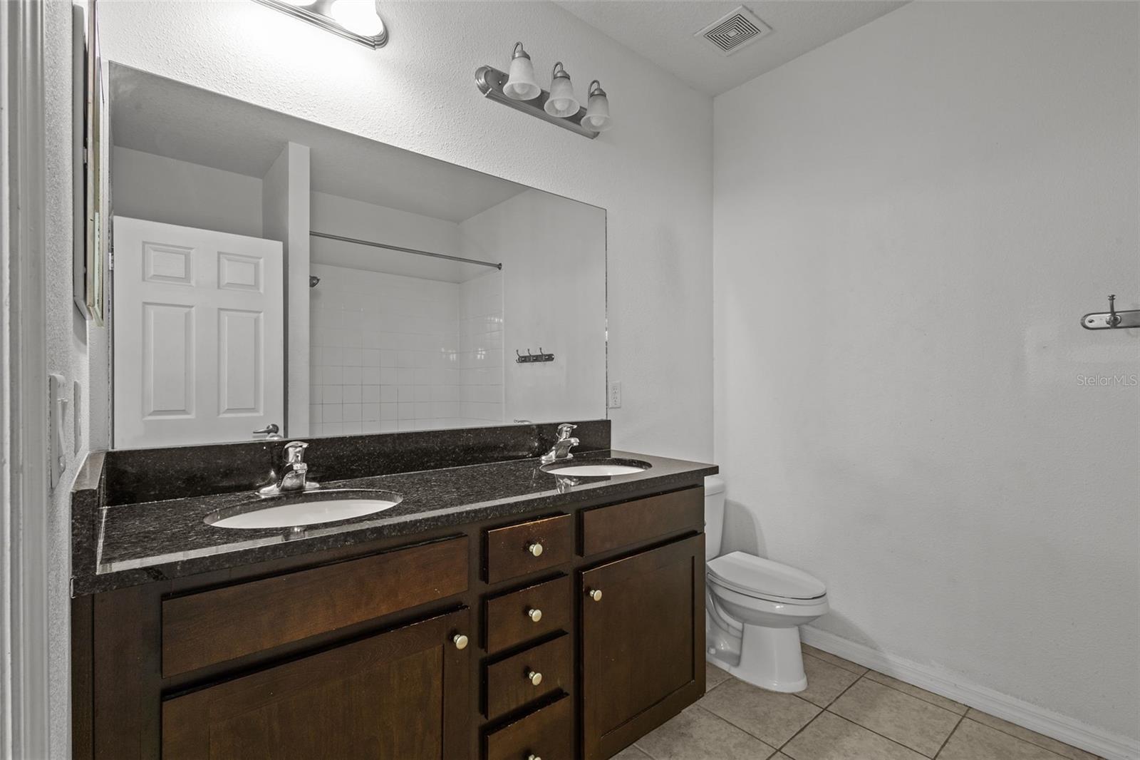 Primary en suite bathroom - double sinks, granite counters, tub with shower