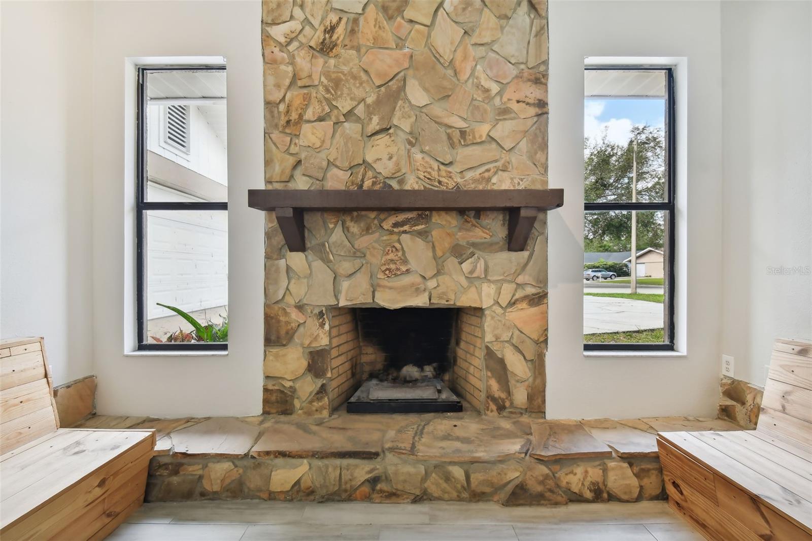 Fireplace with bench seating