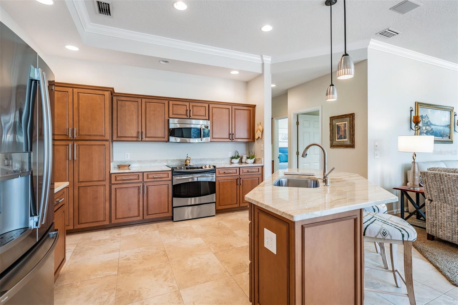 Updated Kitchen - New Cabinets, New Quartzite, Stainless Steel Appliances, Crown Molding and Drop Down Lights.