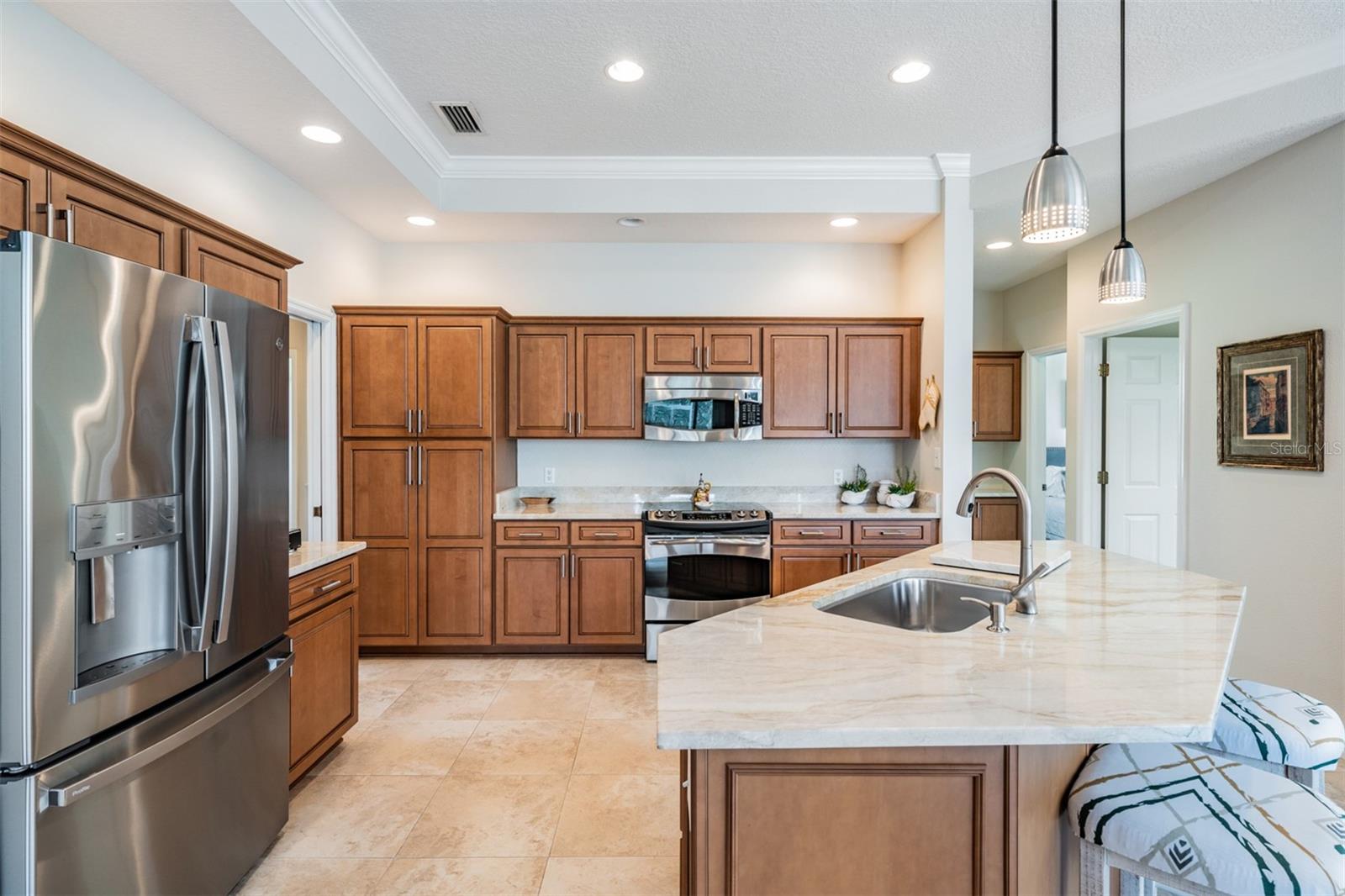 Updated Kitchen - New Cabinets, New Quartzite, Stainless Steel Appliances, Crown Molding and Drop Down Lights.