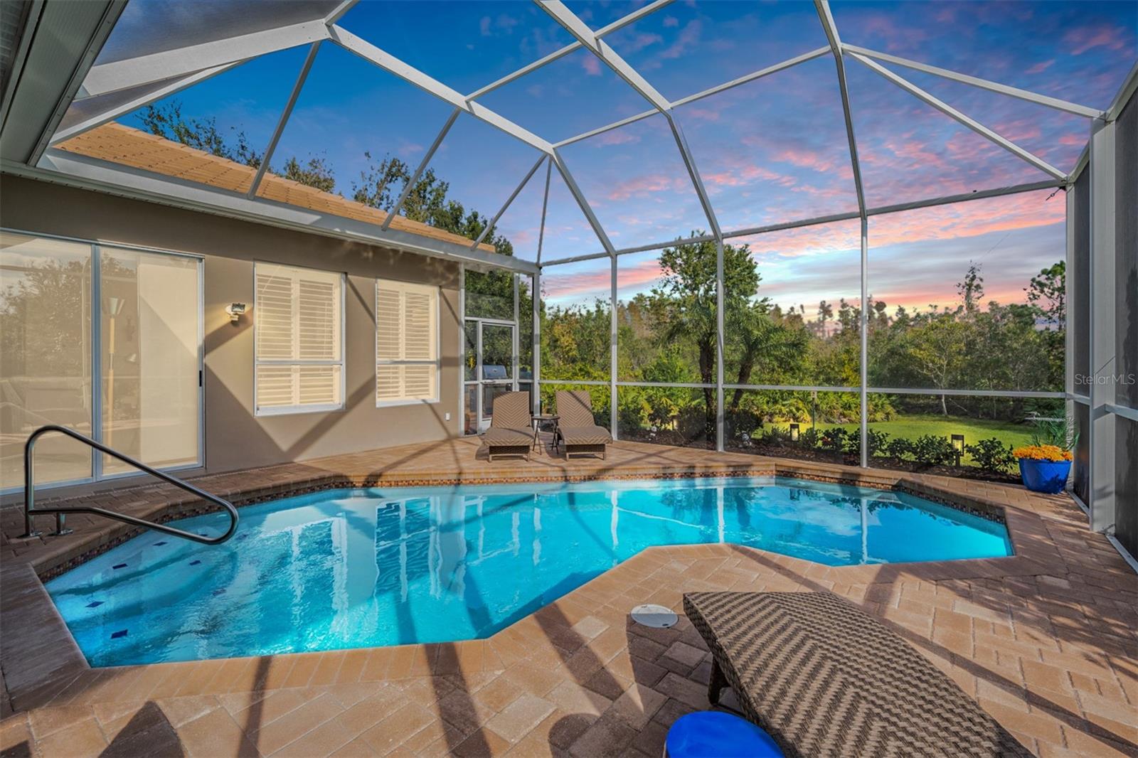 Pool, Pavered Lanai and a gorgeous conservation view, Solar Panels are installed to heat the pool.