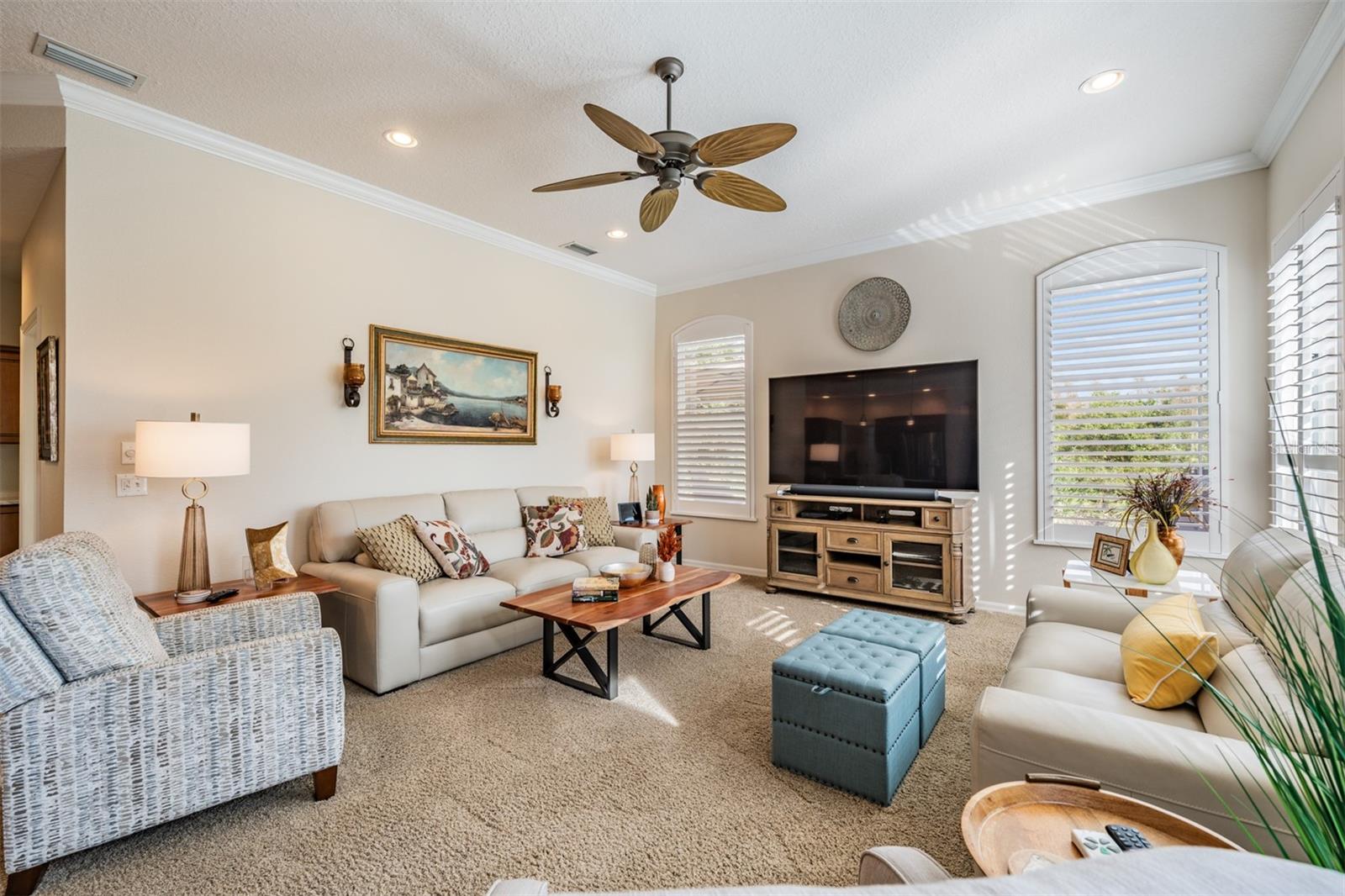 Open and Spacious Great Room, Inset lighting, ceiling fan and plantation shutters.