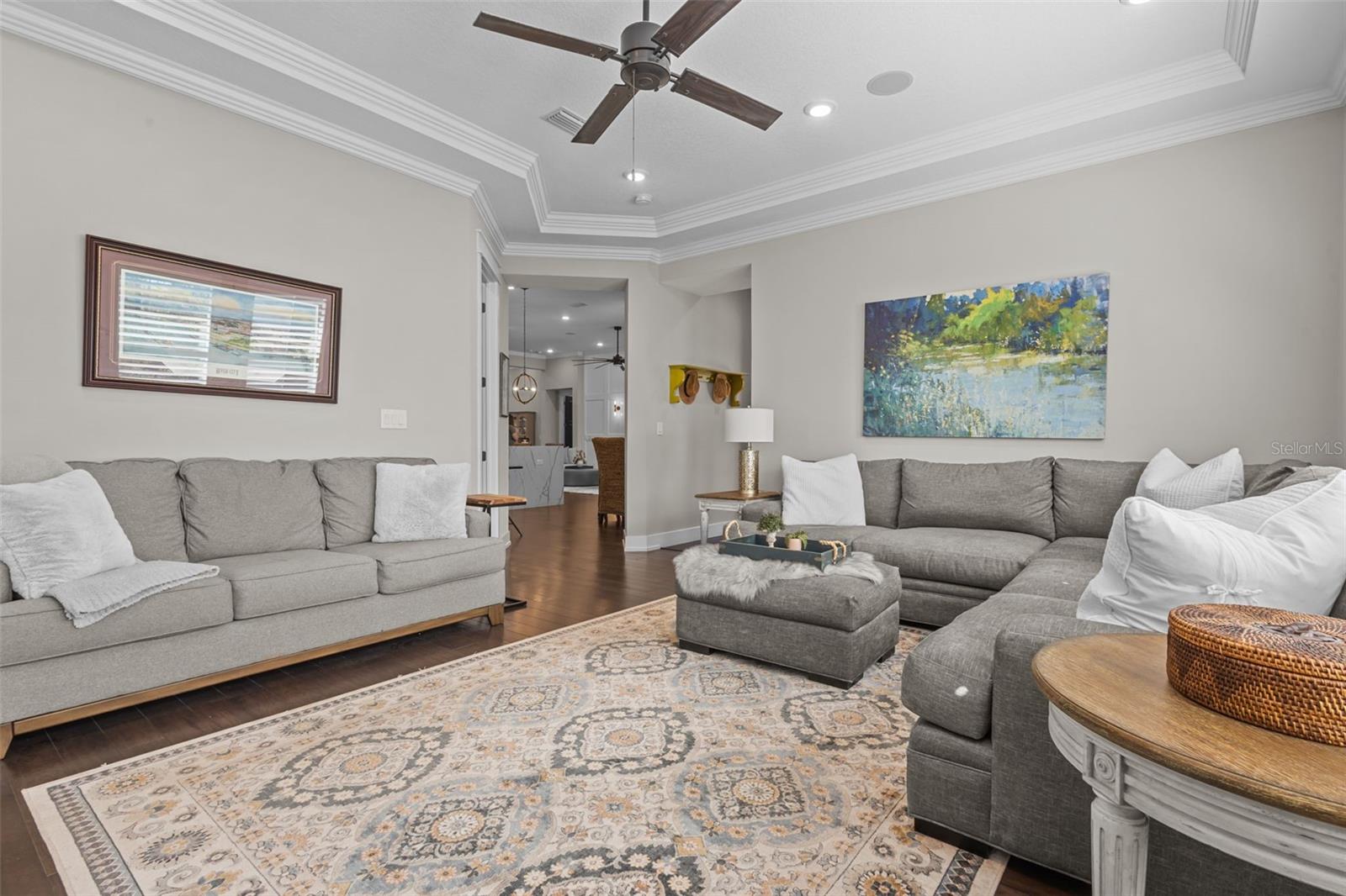 Bonus room in rear of home with tray ceilings and built in entertainment center