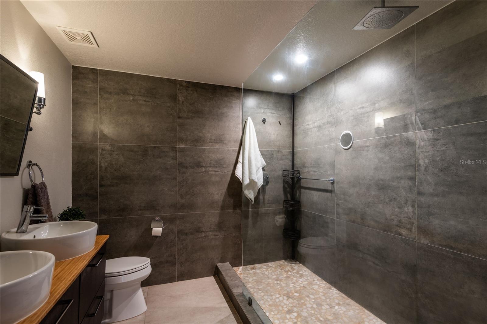 Large walk-in shower with rain head.