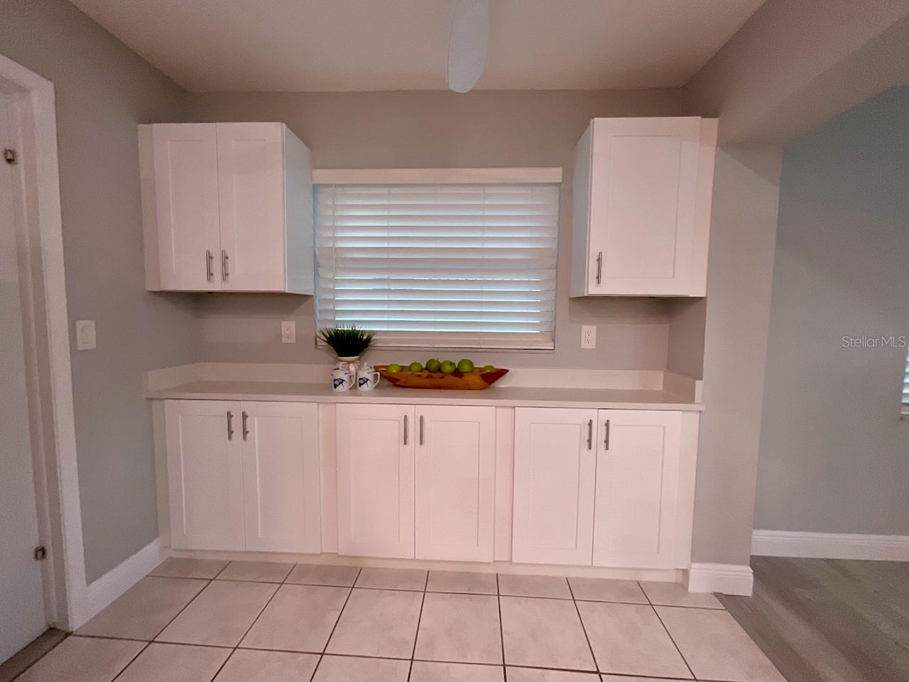 Kitchen pantry area and door to garage