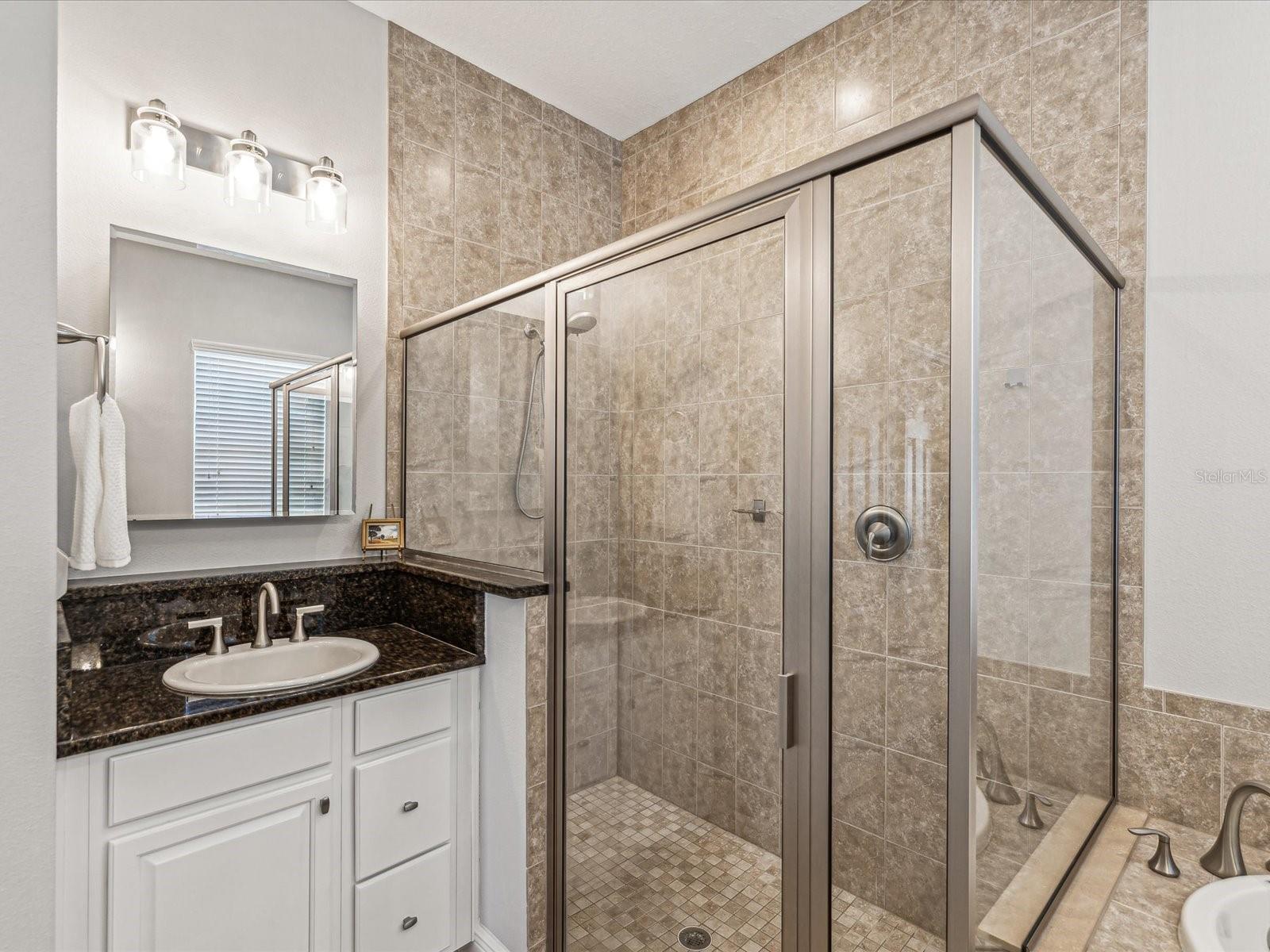 This nickel finish frame with mosaic floor accents the huge glass shower.