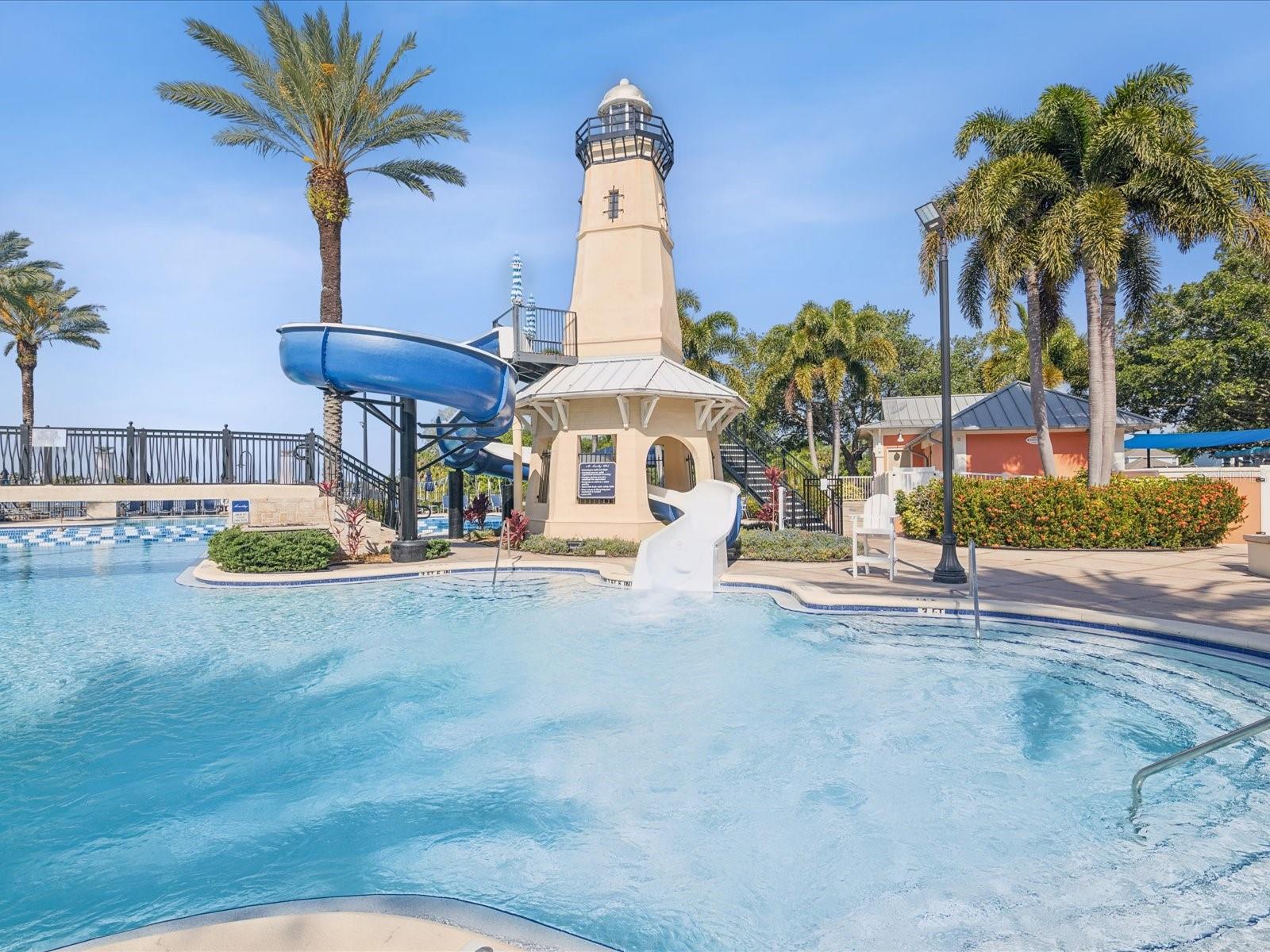 Our majestic lighthouse slide is a neighborhood favorite all year round with our heated pool and mostly warm days all year round.