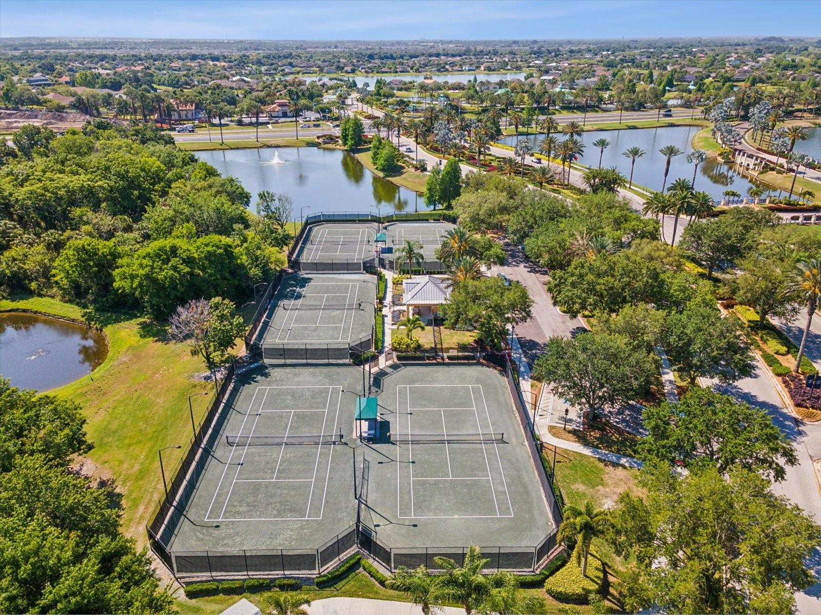 Clay tennis courts are open to residents only and are also home to many events throughout the community.