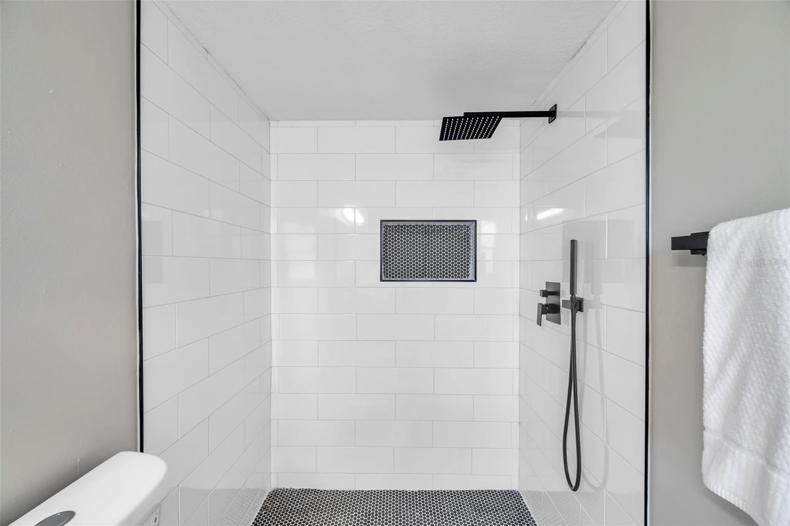 wly remodeled primary bathroom featuring a sleek walk-in shower and modern finishes, offering a spa-like retreat in your own home.