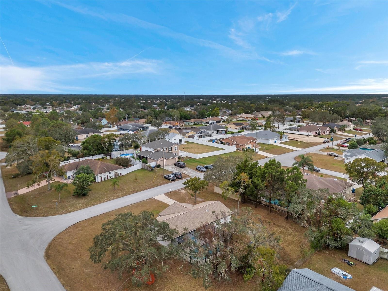 Expansive aerial views of the property, featuring mature shade trees that provide privacy and natural beauty while framing the home, spacious yard, and screened pool enclosure.