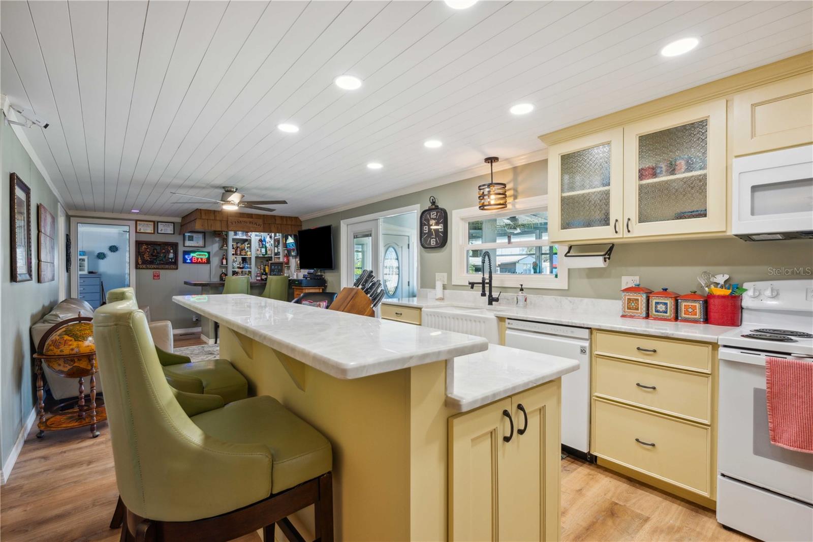 Breakfast bar with custom built-in features.