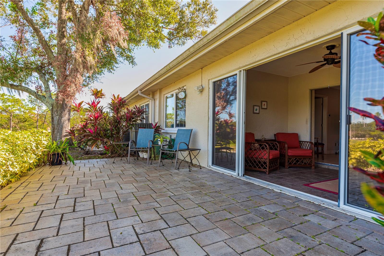 Patio with golf course view.