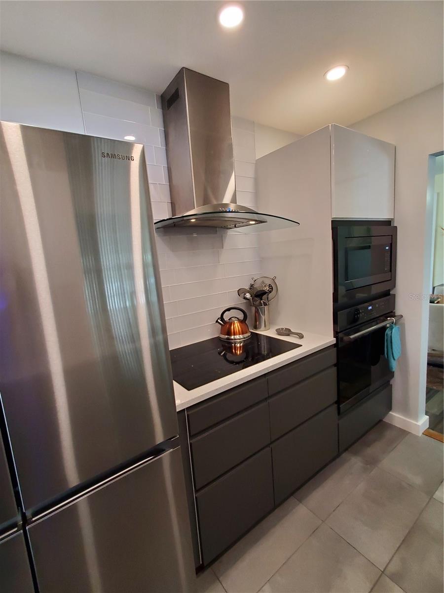 Built-in wall oven, Refrigerator, and "Induction" cook top. Note the Sweeping Hood.