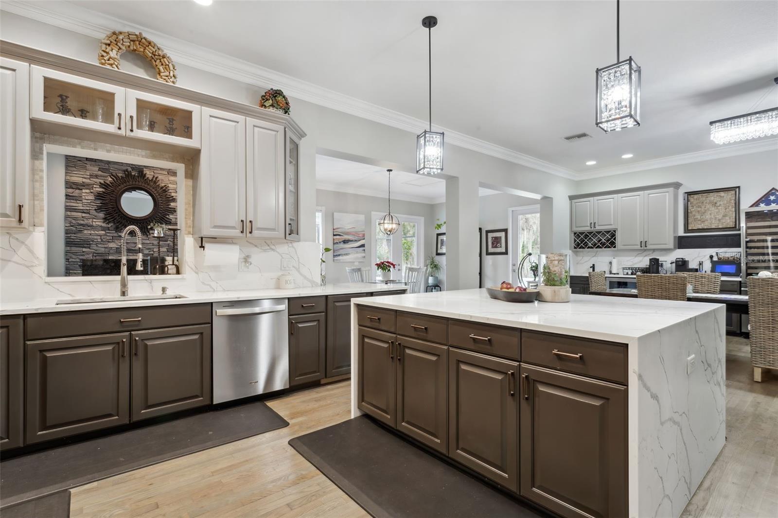 Quartz countertops with a waterfall island!