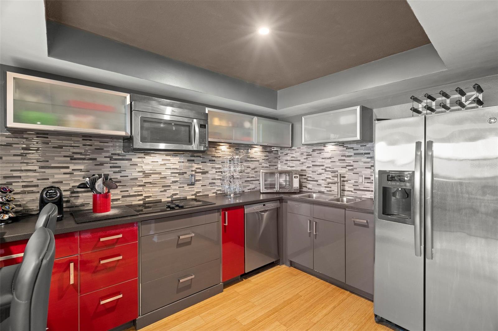 Trendy cabinetry and stainless-steel appliances.