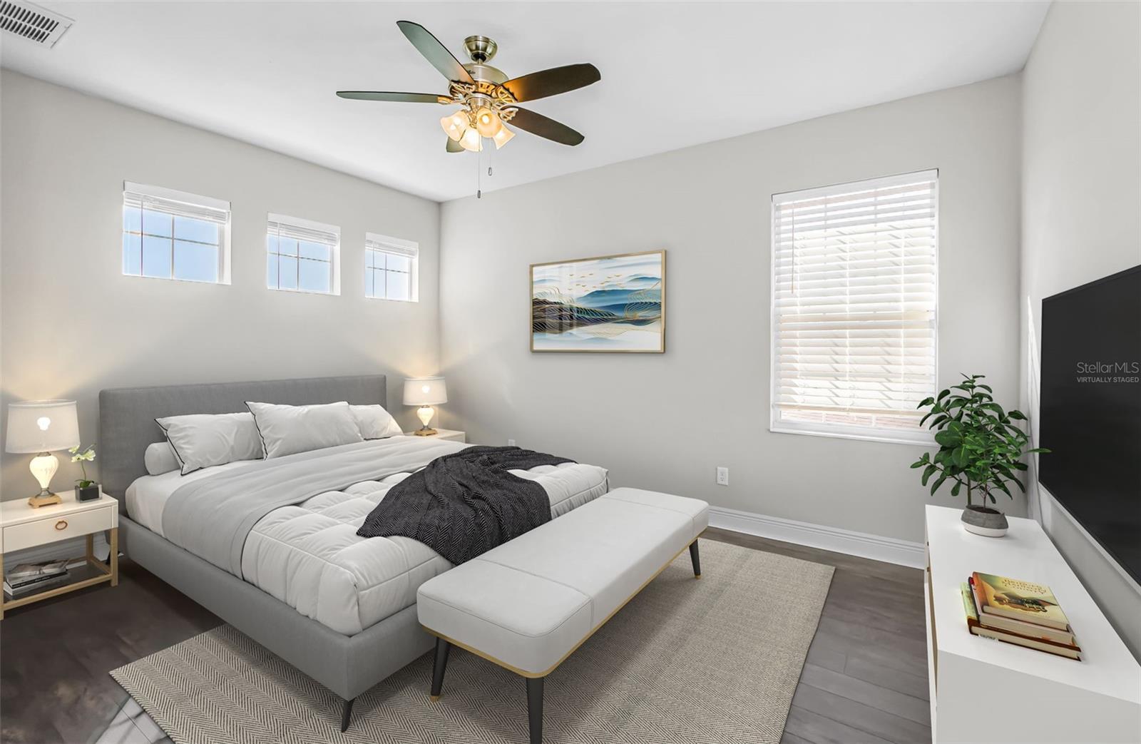 Virtually staged upstairs bedroom off bonus room