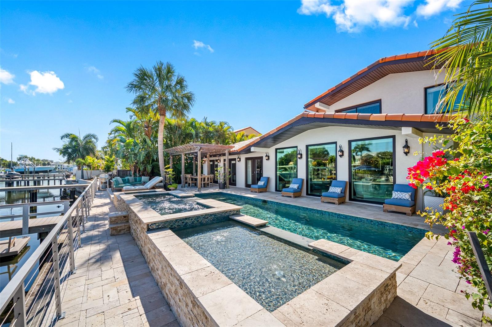 Pool with overflow hot tub.