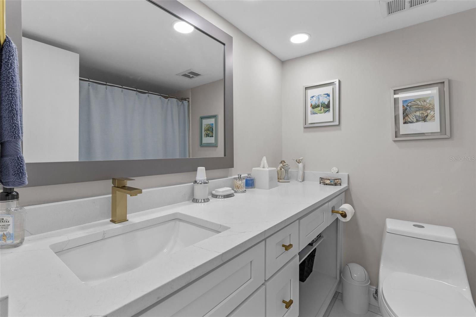 The second bathroom has been tastefully renovated, offering modern elegance just steps away from the closet and second bedroom.