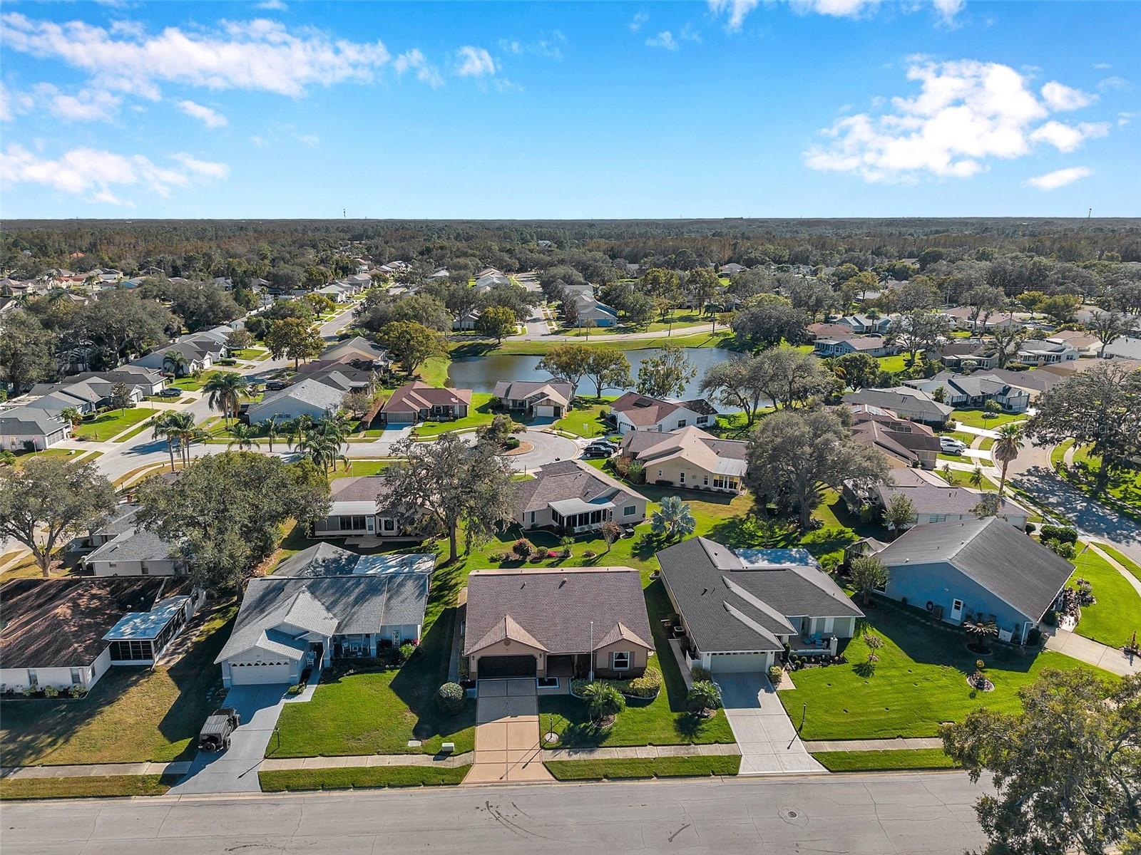 Aerial view of home (straight ahead) and showing the other homes close by, including one of the many ponds throughout Heritage Lake