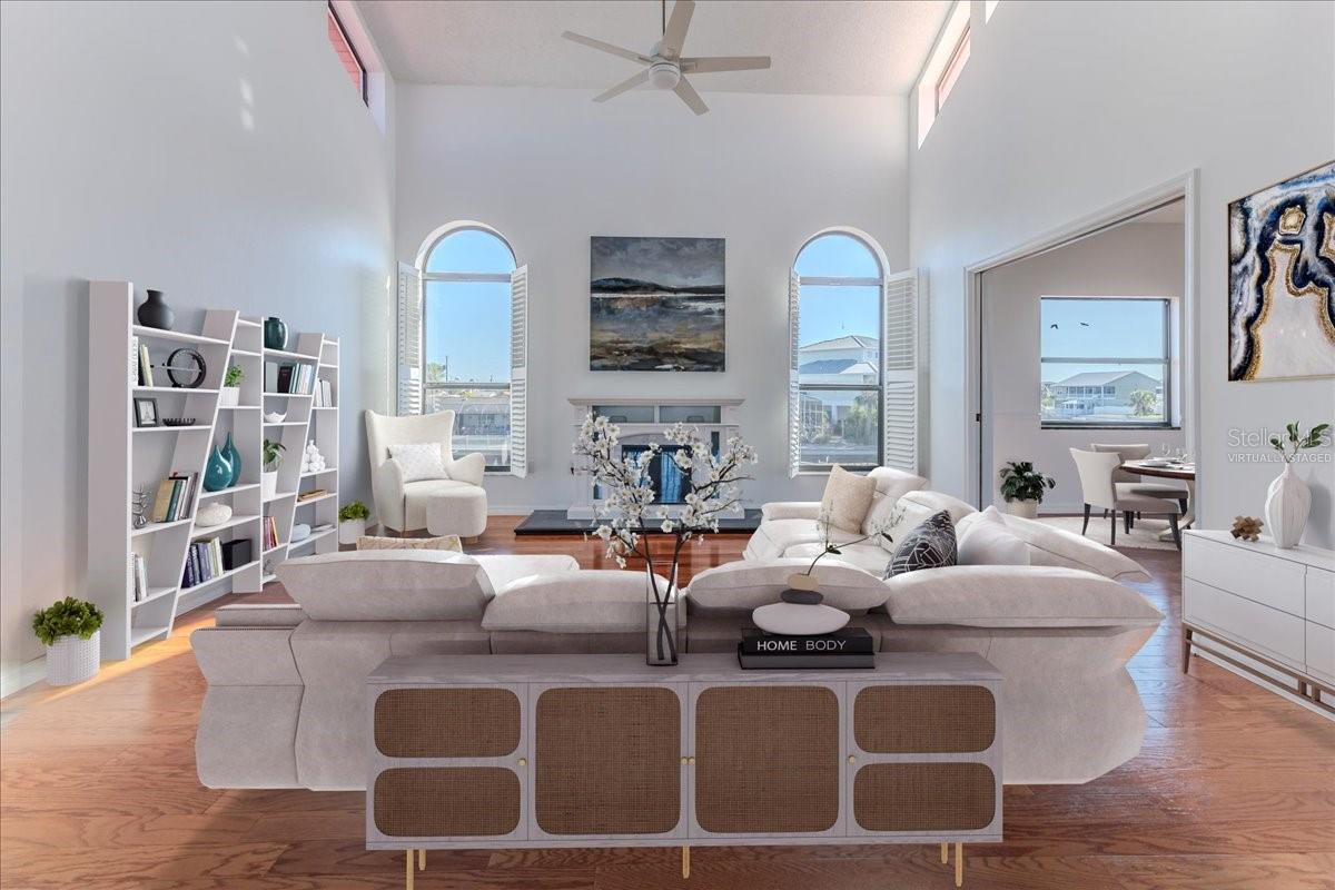 Virtually Staged Living Room with Soaring Ceilings