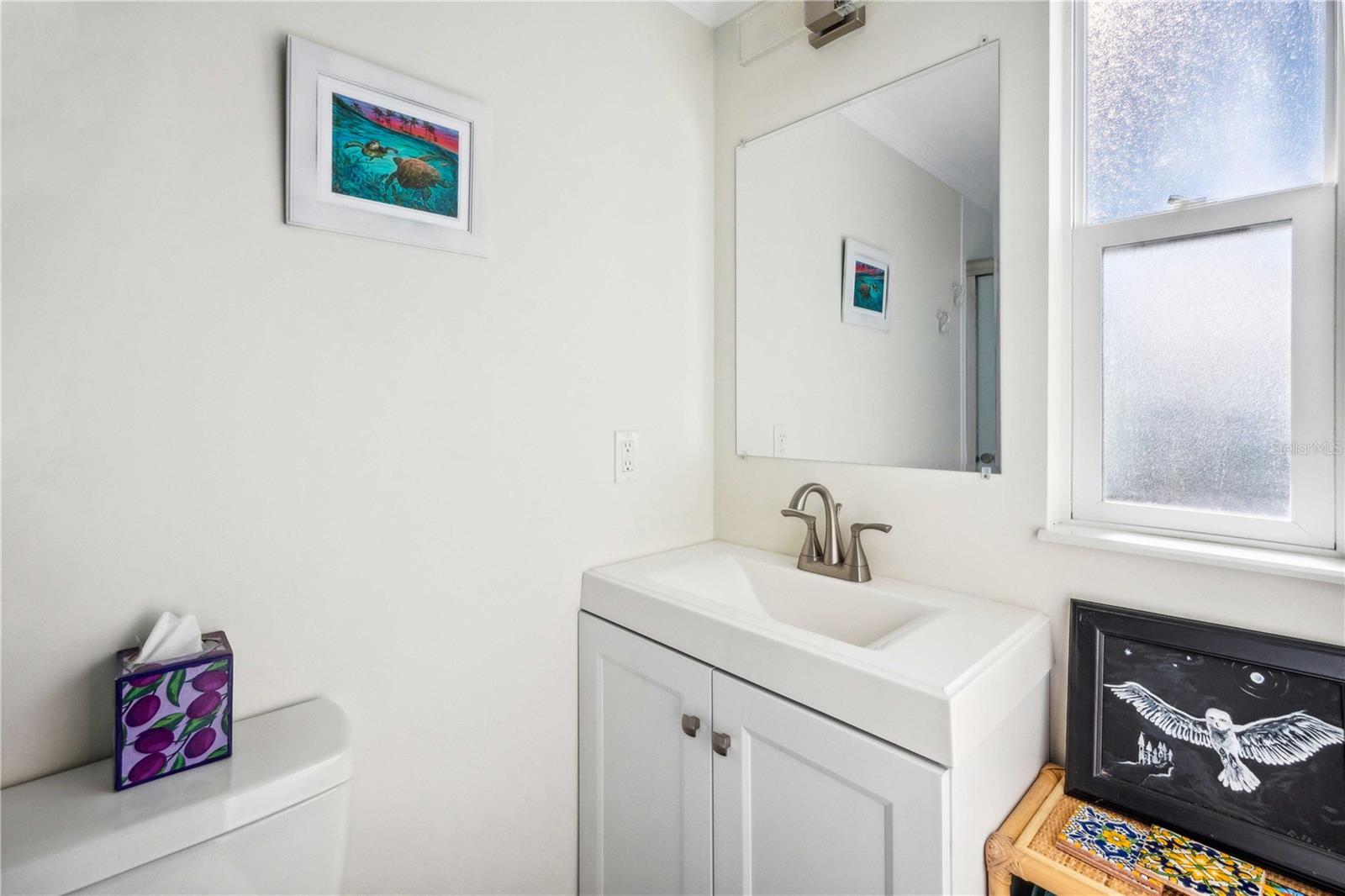 Guest bathroom has updated step-in shower, drywall construction, high toilet, and so much more.