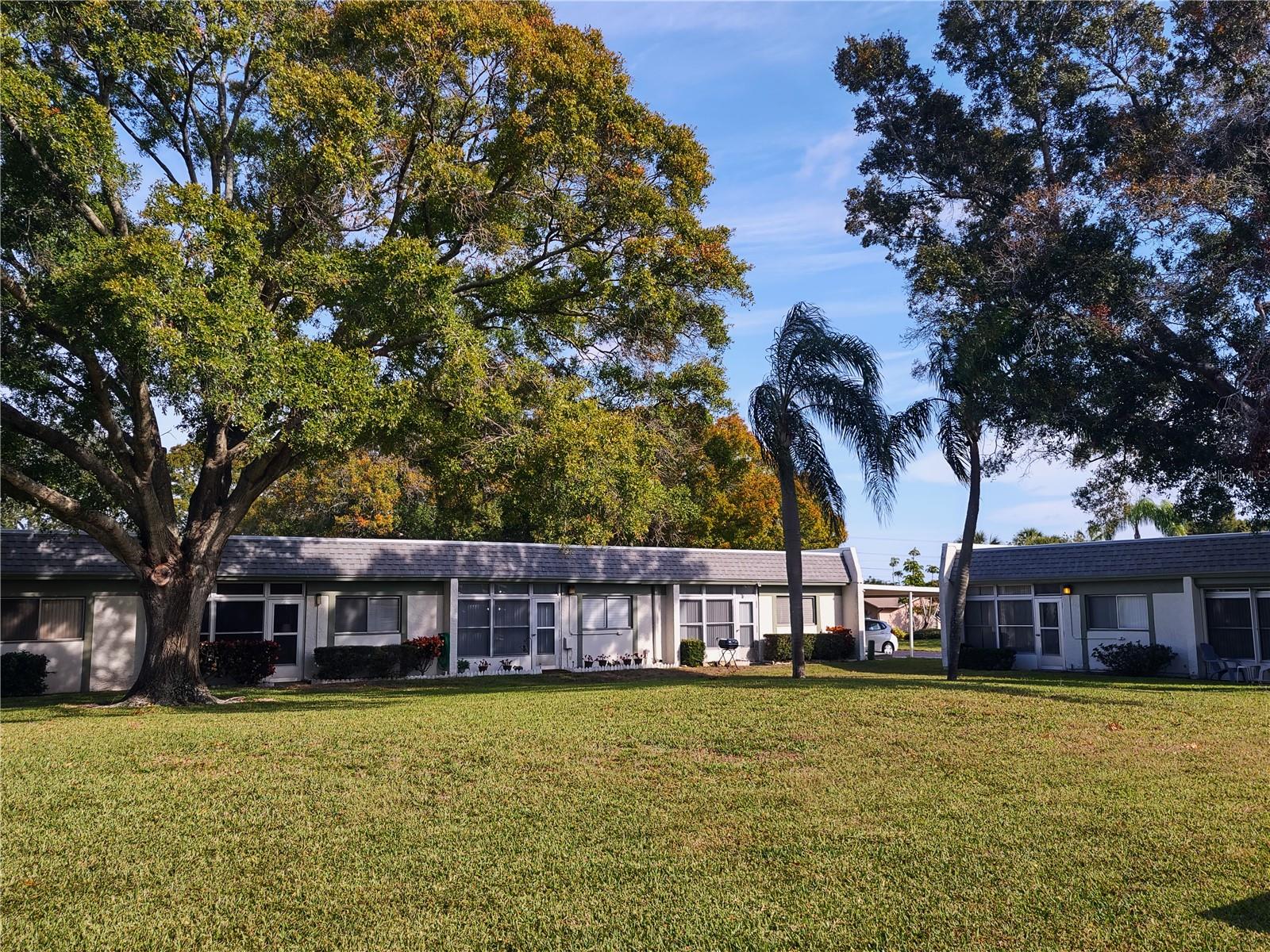 View of courtyard to back of villa and glimpse of carport.